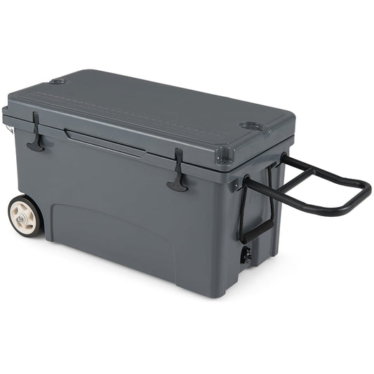 Gray 75-quart portable hard cooler with wheels, designed for outdoor camping, featuring 6-day ice retention by Wilsons Home Store.