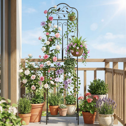 Black 75 x 20 inch outdoor metal garden trellis with foldable bottom shelf for plant support and decorative garden display.