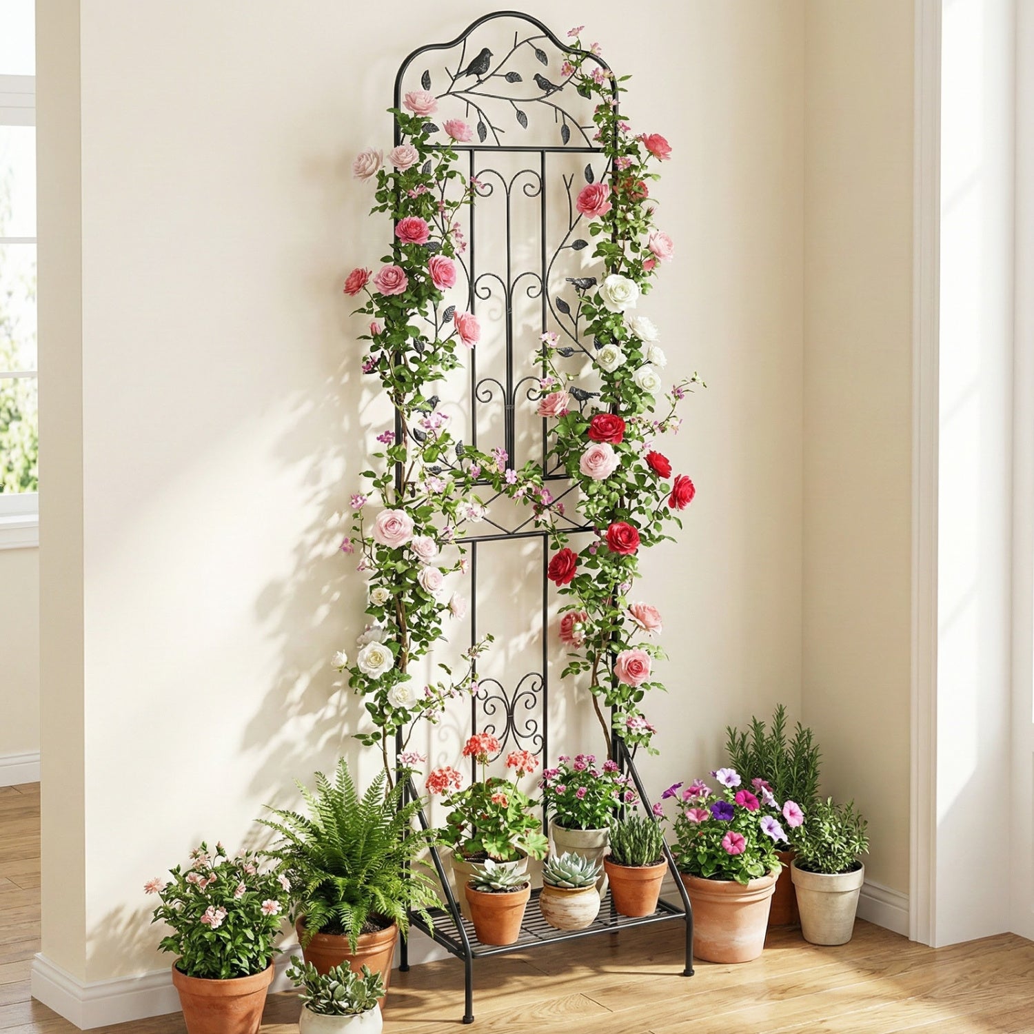 Black 75x20 inch outdoor metal garden trellis with foldable bottom shelf for plant support and decorative garden display.