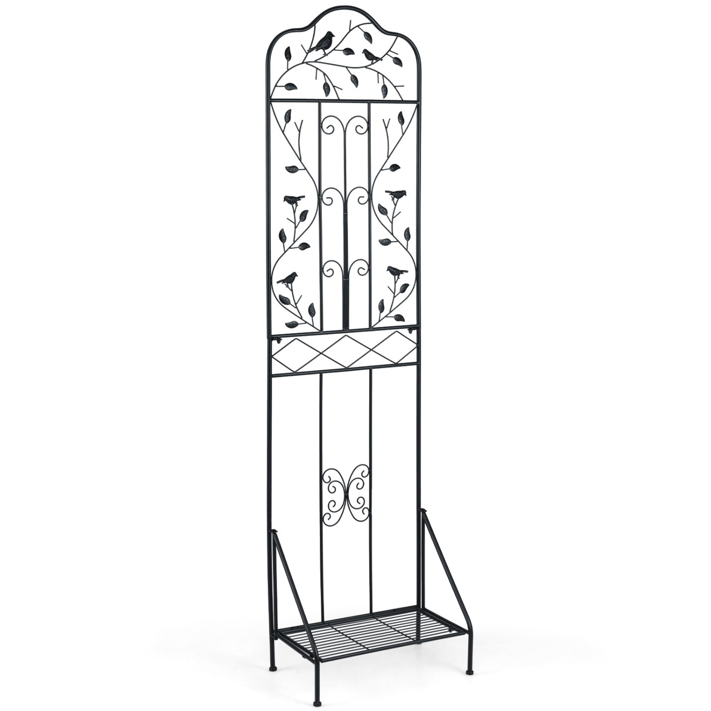 Black 75 x 20 inch outdoor metal garden trellis with foldable bottom shelf, ideal for supporting climbing plants outdoors.