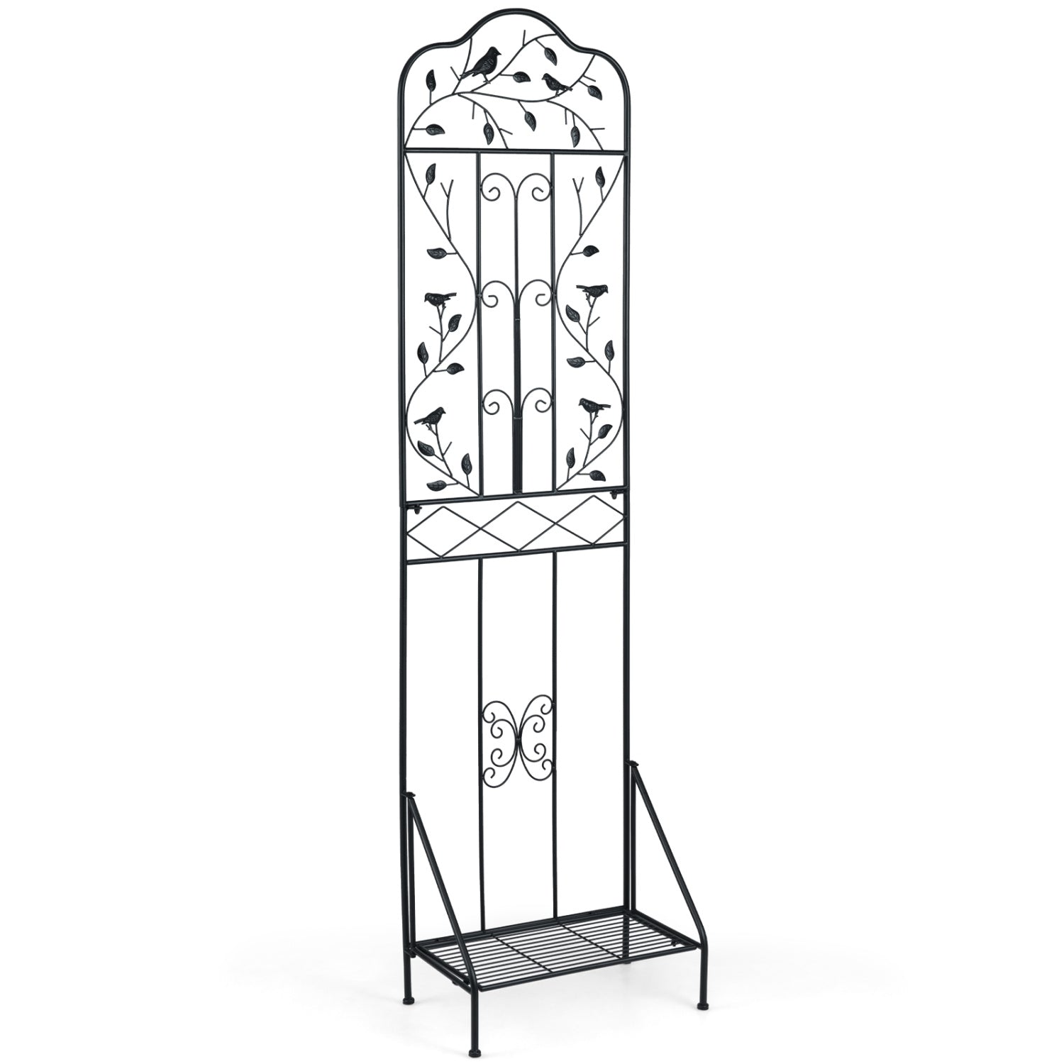 Black 75 x 20 inch outdoor metal garden trellis with foldable bottom shelf, ideal for supporting climbing plants outdoors.