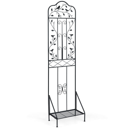 Black 75 x 20 inch outdoor metal garden trellis with foldable bottom shelf, ideal for supporting climbing plants outdoors.