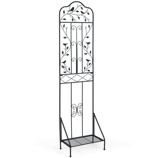 Black 75 x 20 inch outdoor metal garden trellis with foldable bottom shelf, ideal for supporting climbing plants outdoors.