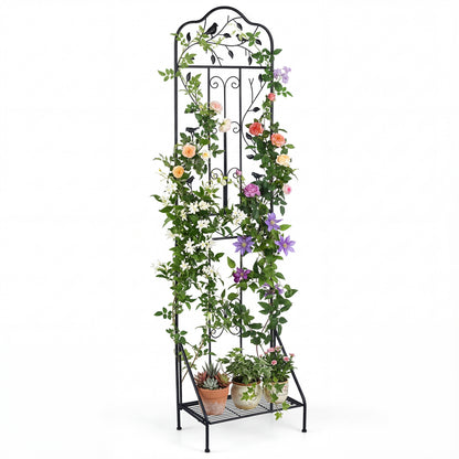 Black 75 x 20 inch outdoor metal garden trellis with foldable bottom shelf, ideal for supporting climbing plants in the garden.