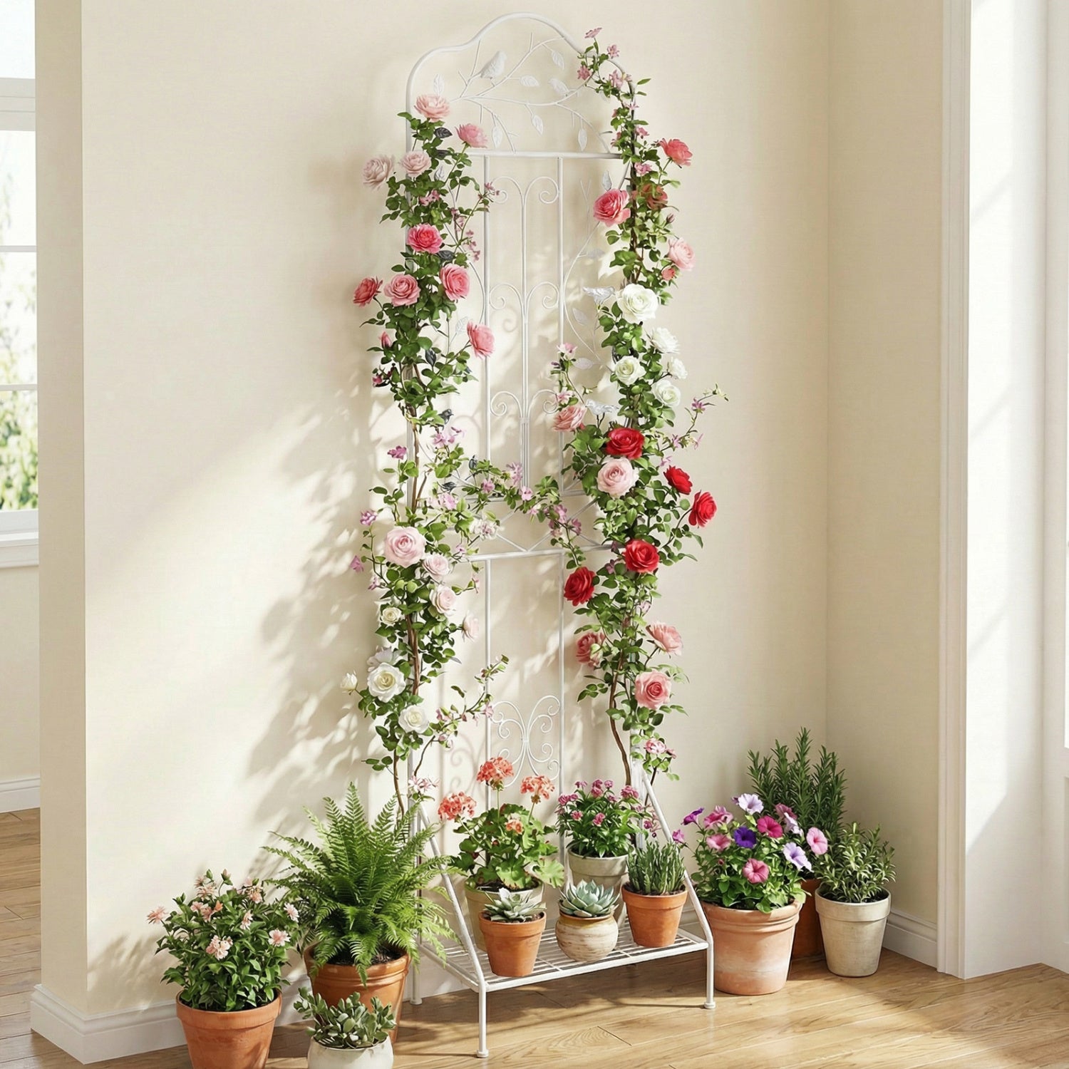 Black 75 x 20 inch outdoor metal garden trellis with foldable bottom shelf for supporting climbing plants outdoors.