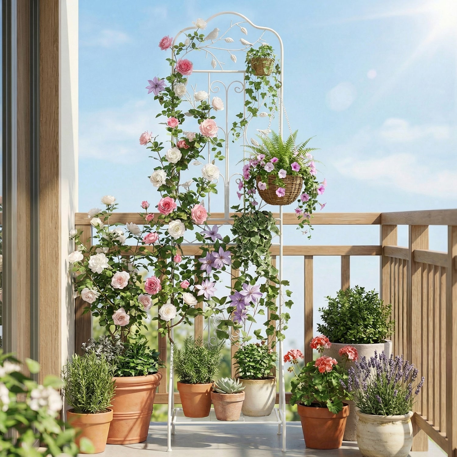 Black 75x20 inch outdoor metal garden trellis with foldable bottom shelf for plant support and decorative garden display.