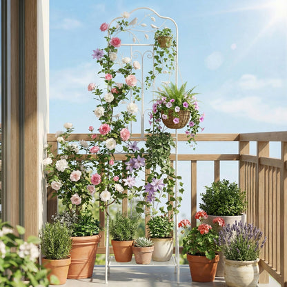 Black 75x20 inch outdoor metal garden trellis with foldable bottom shelf for plant support and decorative garden display.