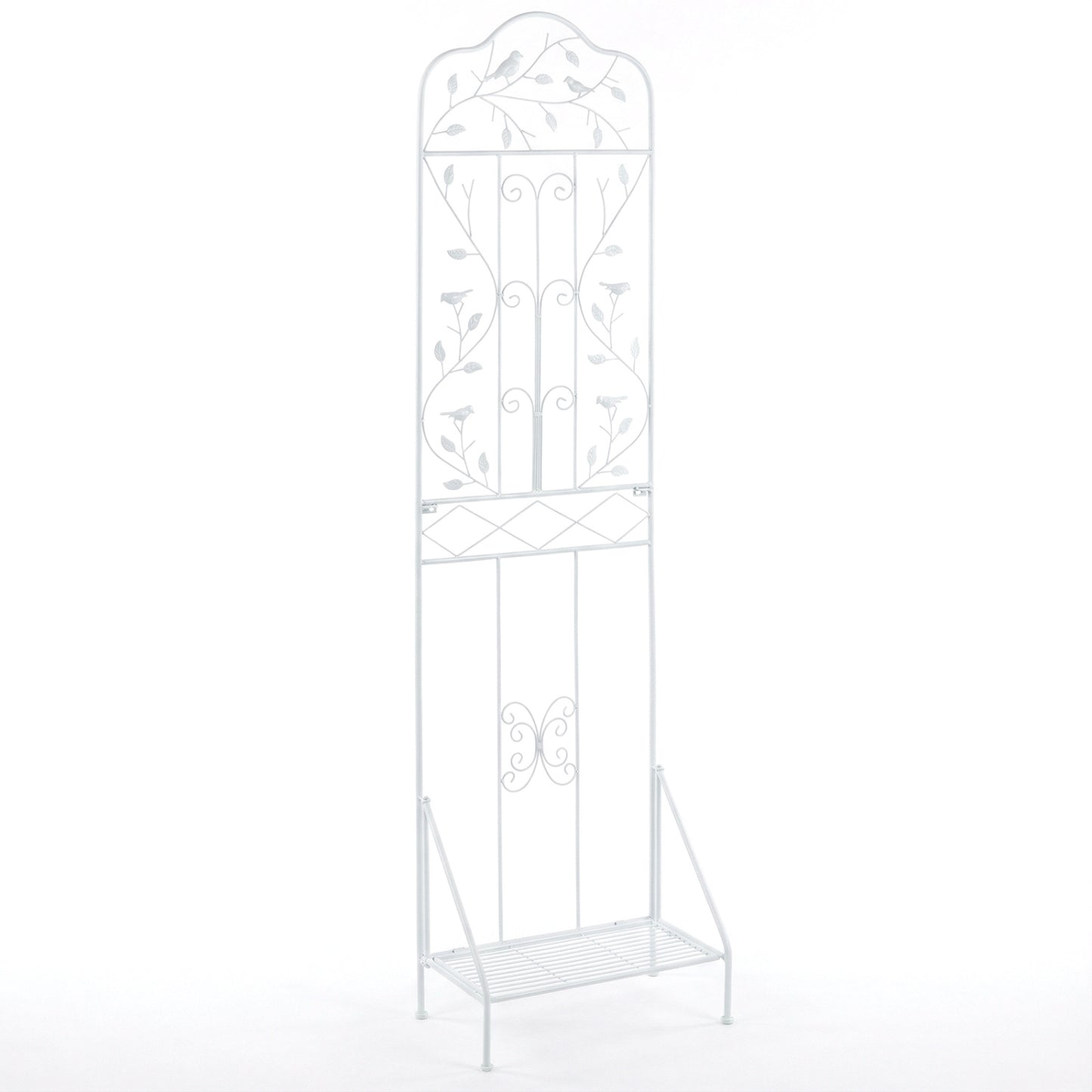 Black 75 x 20 inch outdoor metal garden trellis with foldable bottom shelf for plant support and decorative garden display.