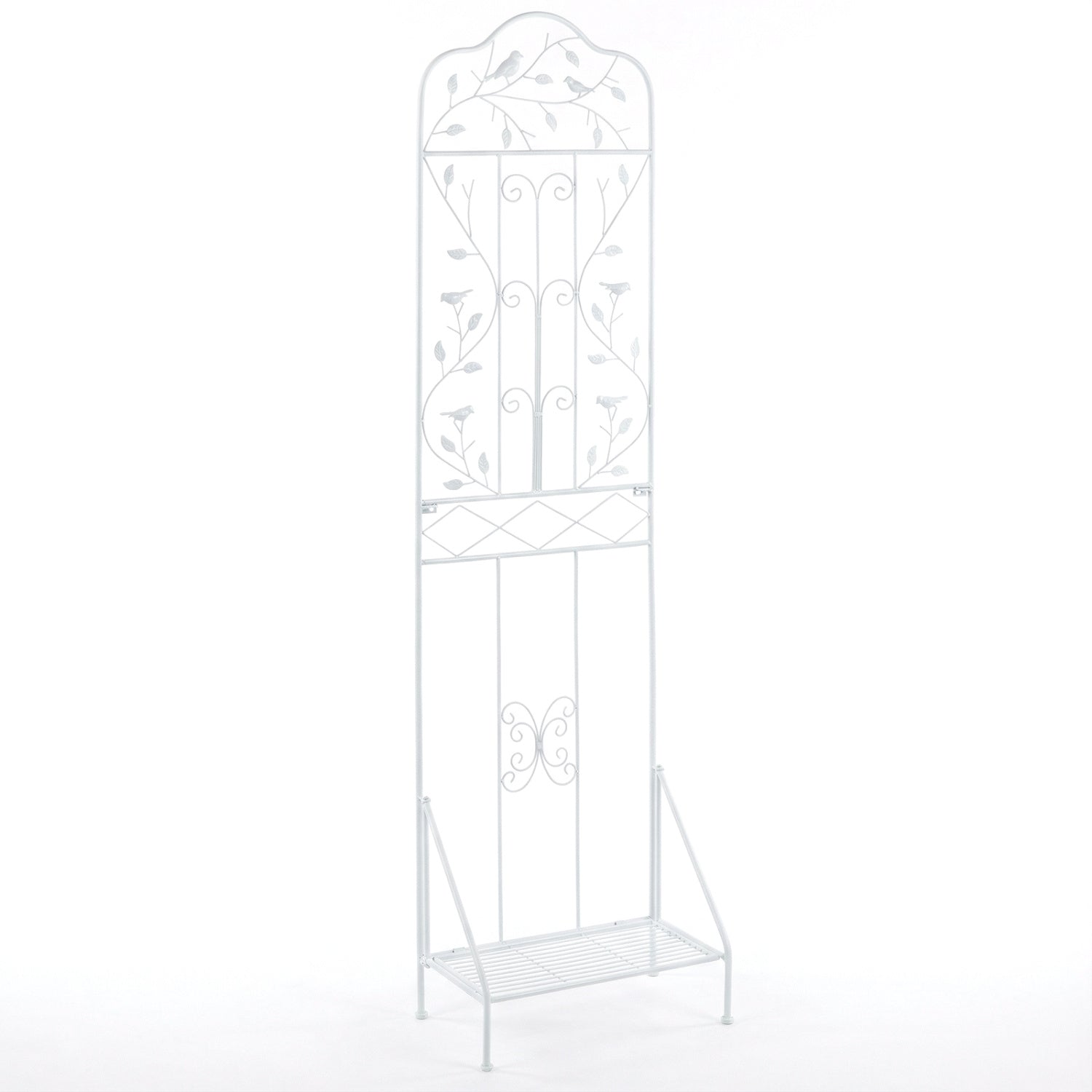 Black 75 x 20 inch outdoor metal garden trellis with foldable bottom shelf for plant support and decorative garden display.