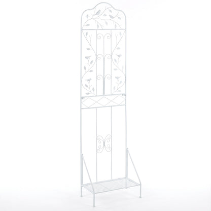 Black 75 x 20 inch outdoor metal garden trellis with foldable bottom shelf for plant support and decorative garden display.