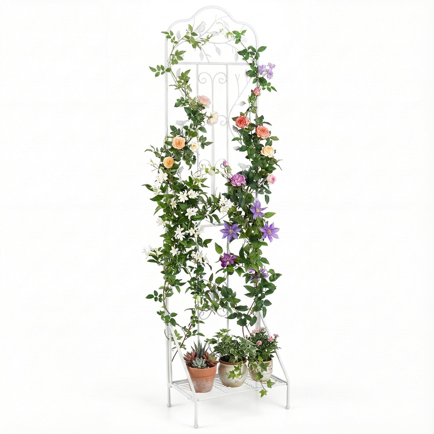 Black 75 x 20 inch outdoor metal garden trellis with foldable bottom shelf, ideal for supporting climbing plants in the garden.