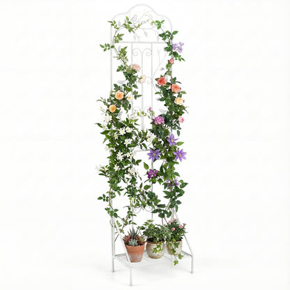 Black 75 x 20 inch outdoor metal garden trellis with foldable bottom shelf, ideal for supporting climbing plants in the garden.