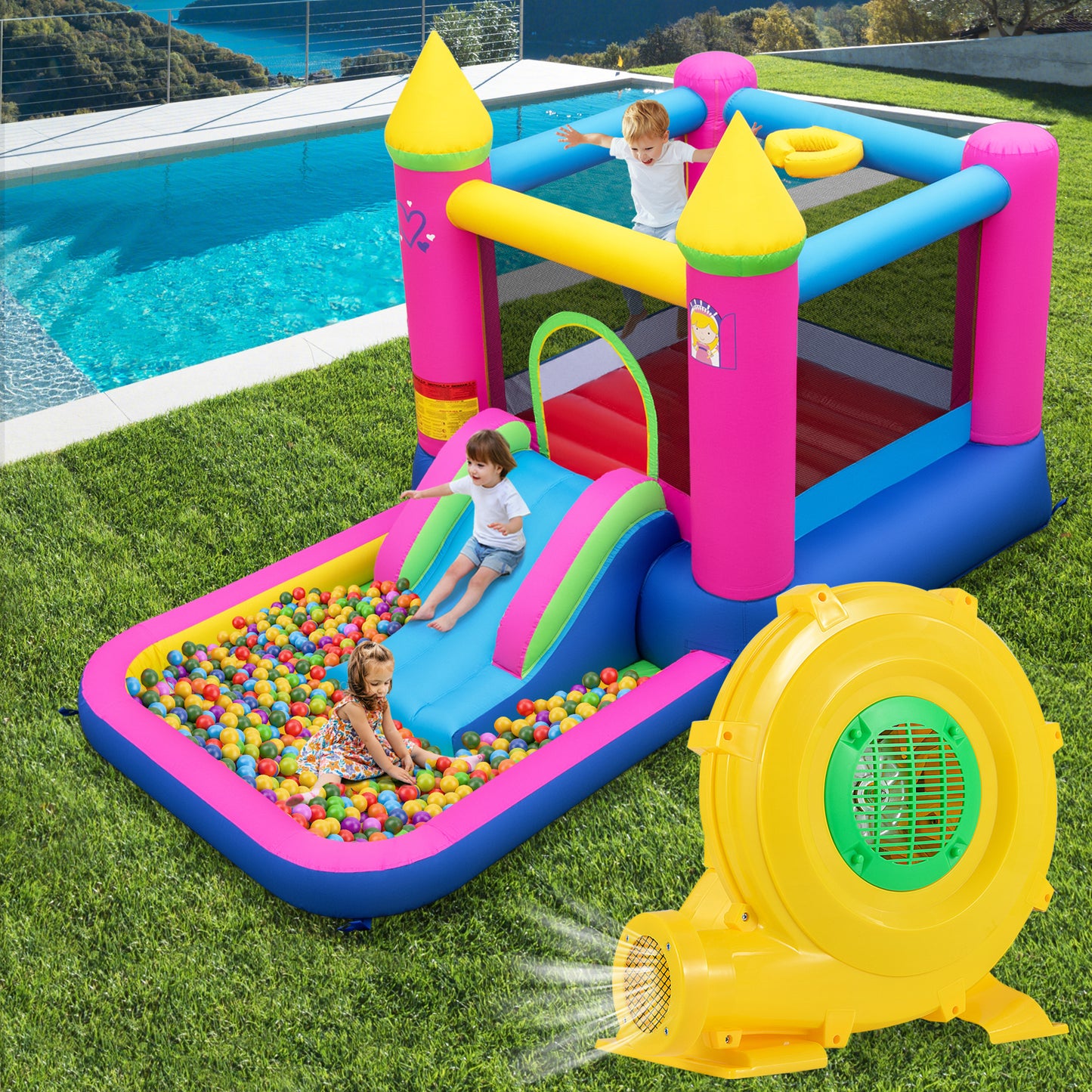 780W Bounce House Blower 1 HP Portable Air Pump Fan with Handle and Ground Stakes