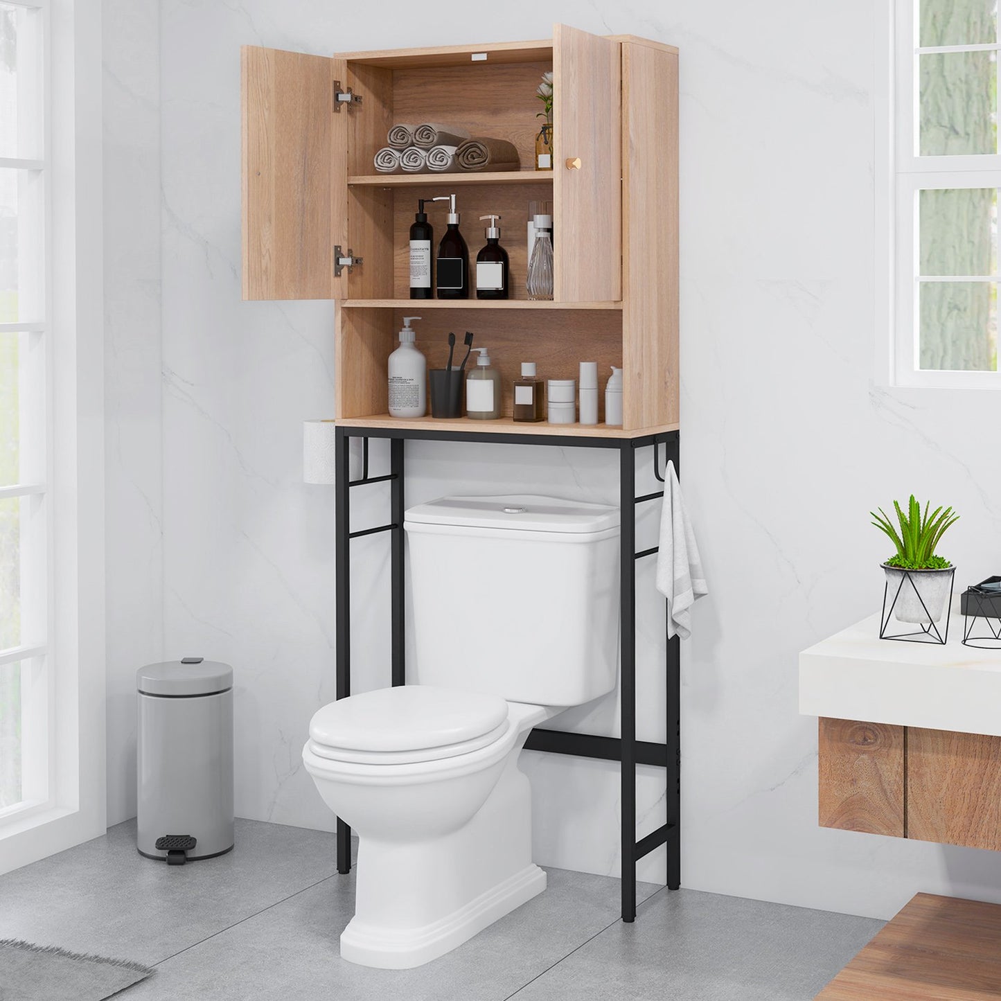 Over The Toilet Storage Cabinet with 2 Doors and Adjustable Shelf-Black
