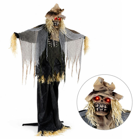 7.3 ft Halloween animated scarecrow decoration with spooky face and moving arms, perfect for holiday outdoor Halloween decor.