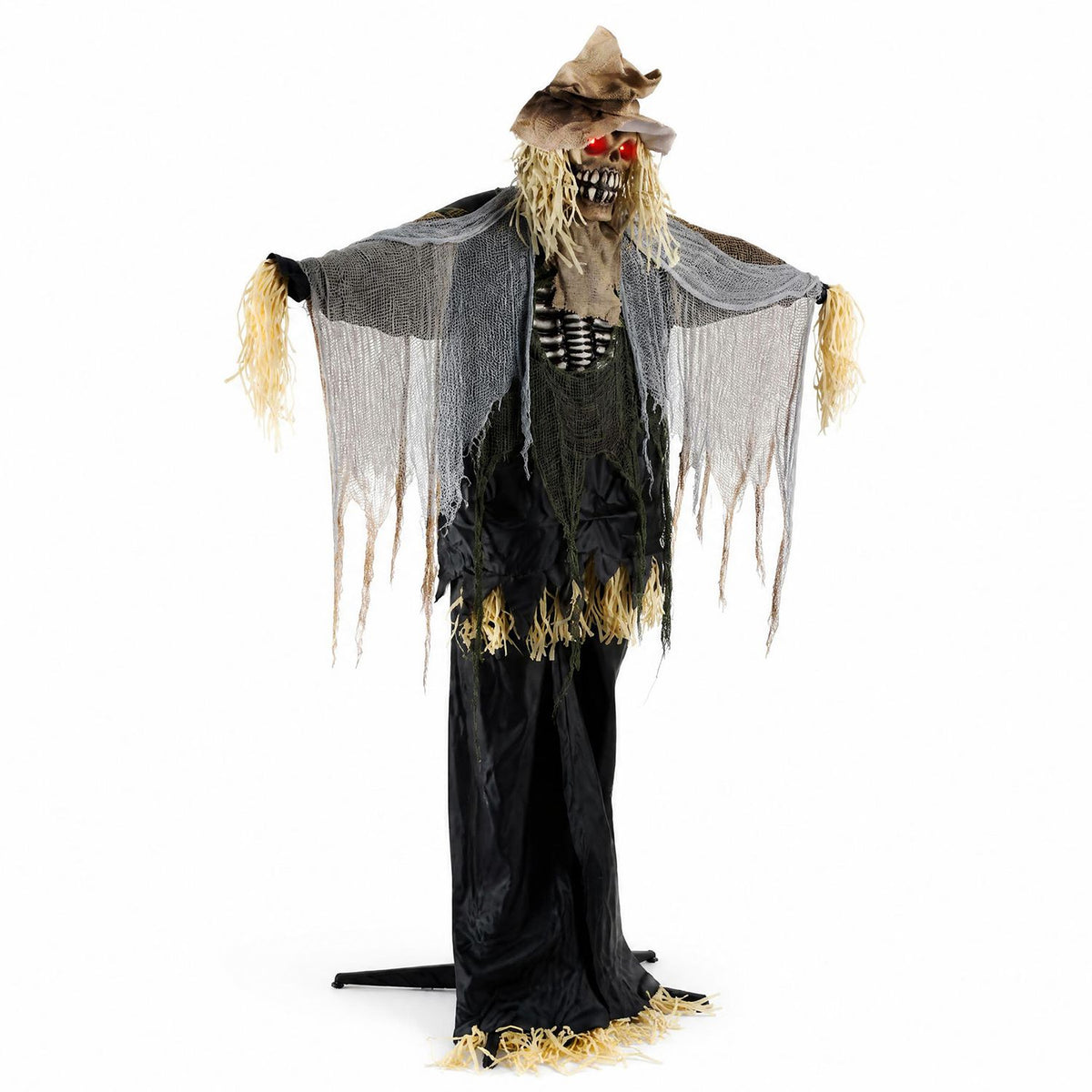 7.3-foot Halloween animated scarecrow decoration with moving arms and spooky face for holiday outdoor decor.