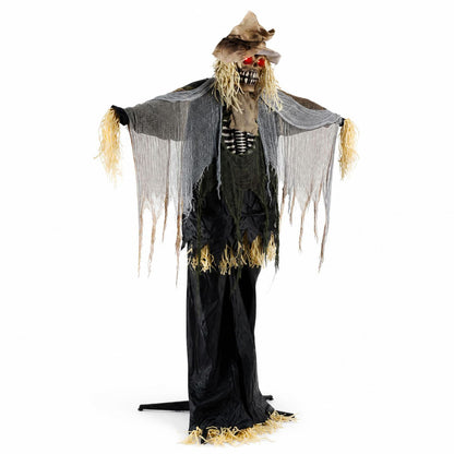 7.3-foot Halloween animated scarecrow decoration with moving arms and spooky face for holiday outdoor decor.