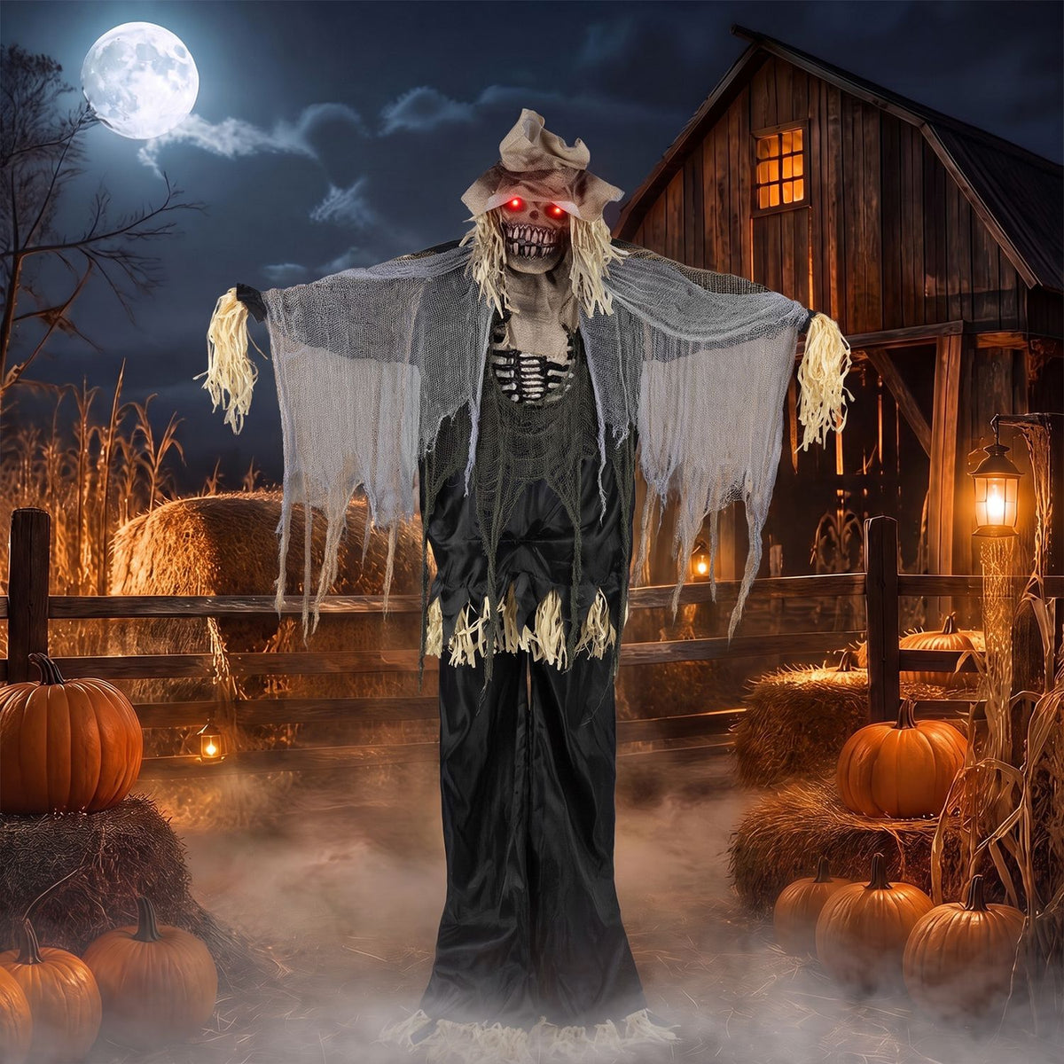 7.3 ft Halloween animated scarecrow decoration with moving arms and spooky face for holiday outdoor decor.