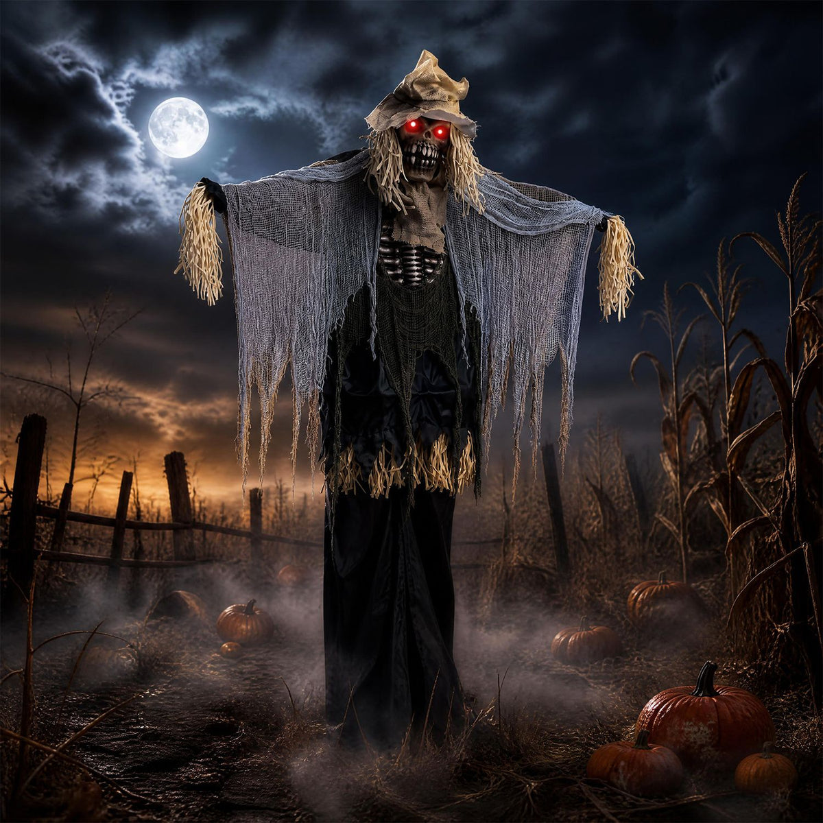 7.3 ft Halloween animated scarecrow decoration with spooky features, perfect for holiday Halloween outdoor decor.