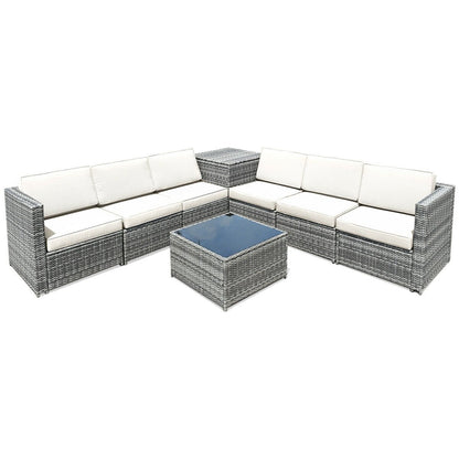 8 Piece Wicker Sofa Rattan Dinning Set Patio Furniture with Storage Table-Black