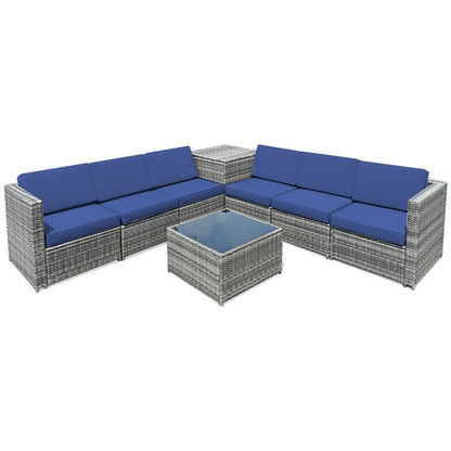 8 Piece Wicker Sofa Rattan Dinning Set Patio Furniture with Storage Table-Black