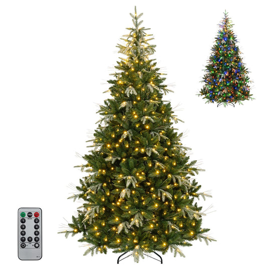 7.5ft artificial Christmas tree with full branch tips and dual-color LED lights, designed for holiday decor.