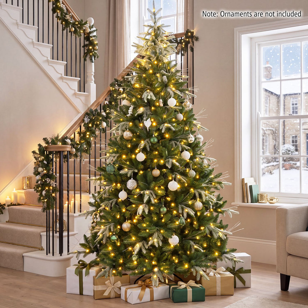 7.5FT artificial Christmas tree with full branch tips and dual-color LED lights, designed for holiday decor by Wilsons Home Store