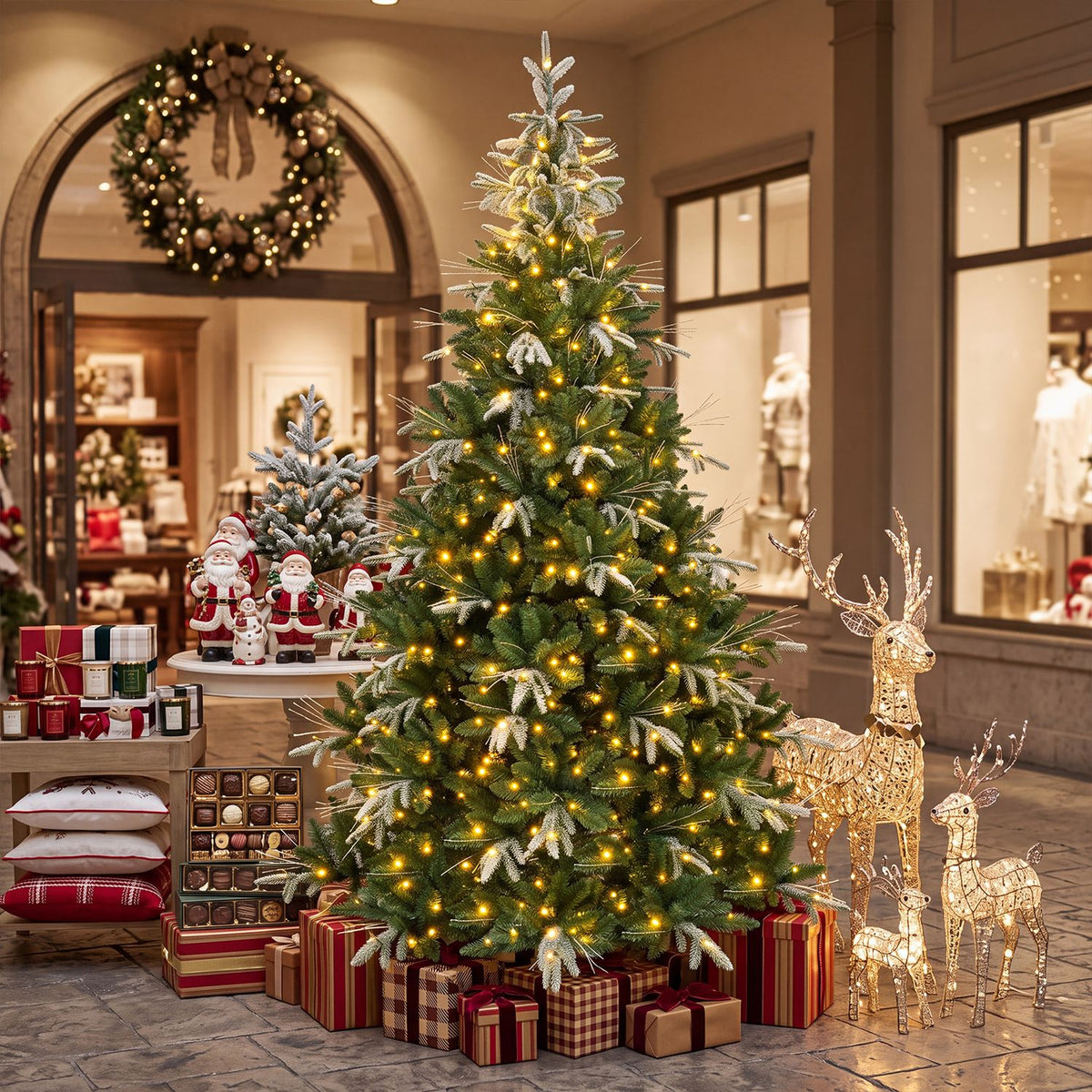 7.5FT artificial Christmas tree with full branch tips and dual-color LED lights, decorated for holiday season.