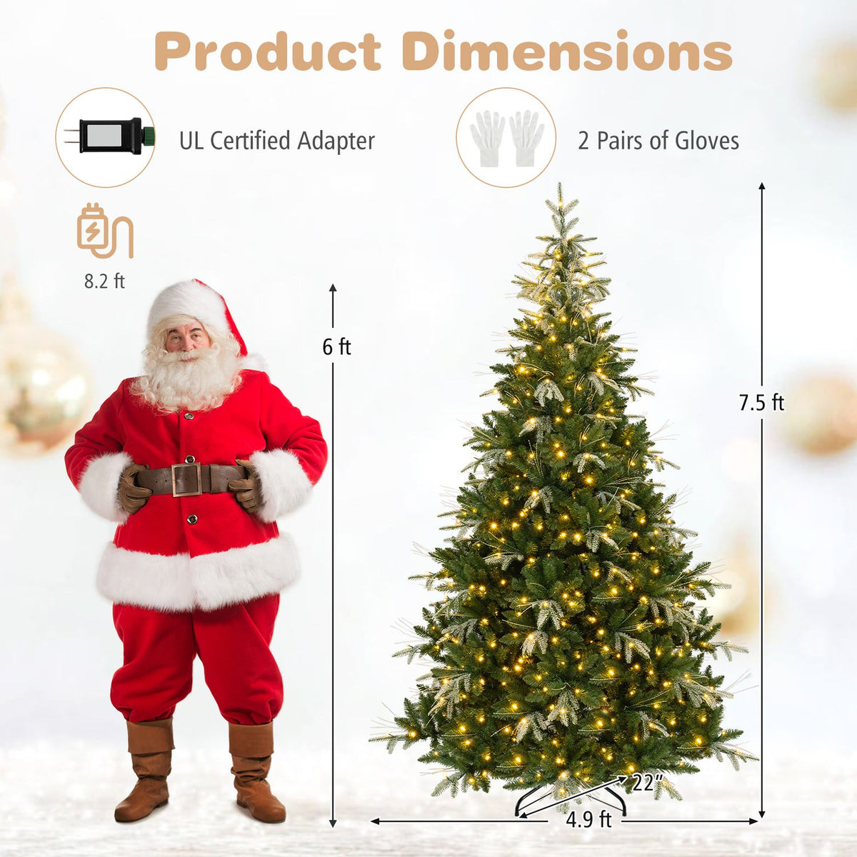 7.5-foot artificial Christmas tree with full branch tips and dual-color LED lights for holiday decorating.
