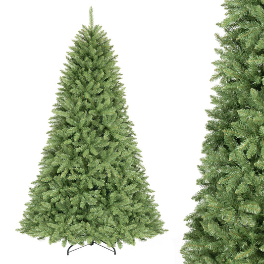 7.5, 6.5, 6, and 9 ft artificial Christmas tree with easy-setup hinges, decorated with green branches for holiday decor.