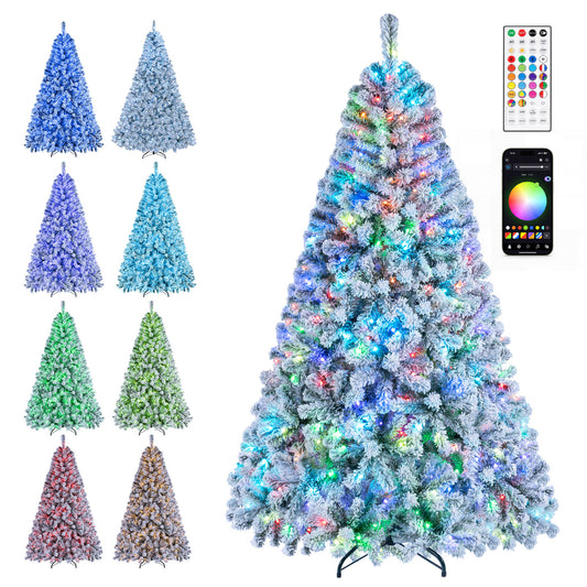 7.5/6 ft smart pencil Christmas tree with RGB lights, APP remote, and music sync, decorated for holiday season.