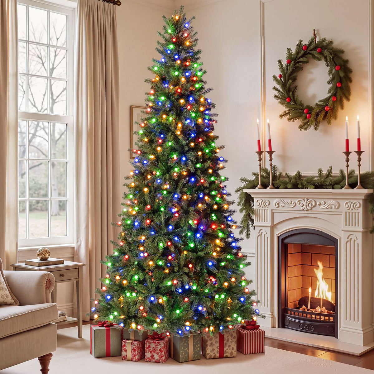 Hinged pre-lit artificial Christmas tree in 7.5, 7, or 6 ft with 11 lighting modes, featuring a lush fir design for holiday decor.