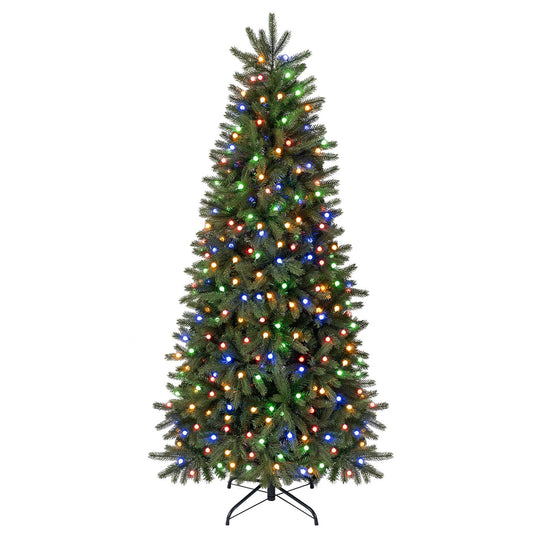 7.5, 7, or 6 ft pre-lit artificial Christmas tree with hinged branches and 11 lighting modes, festive holiday decor by Wilsons Home Store