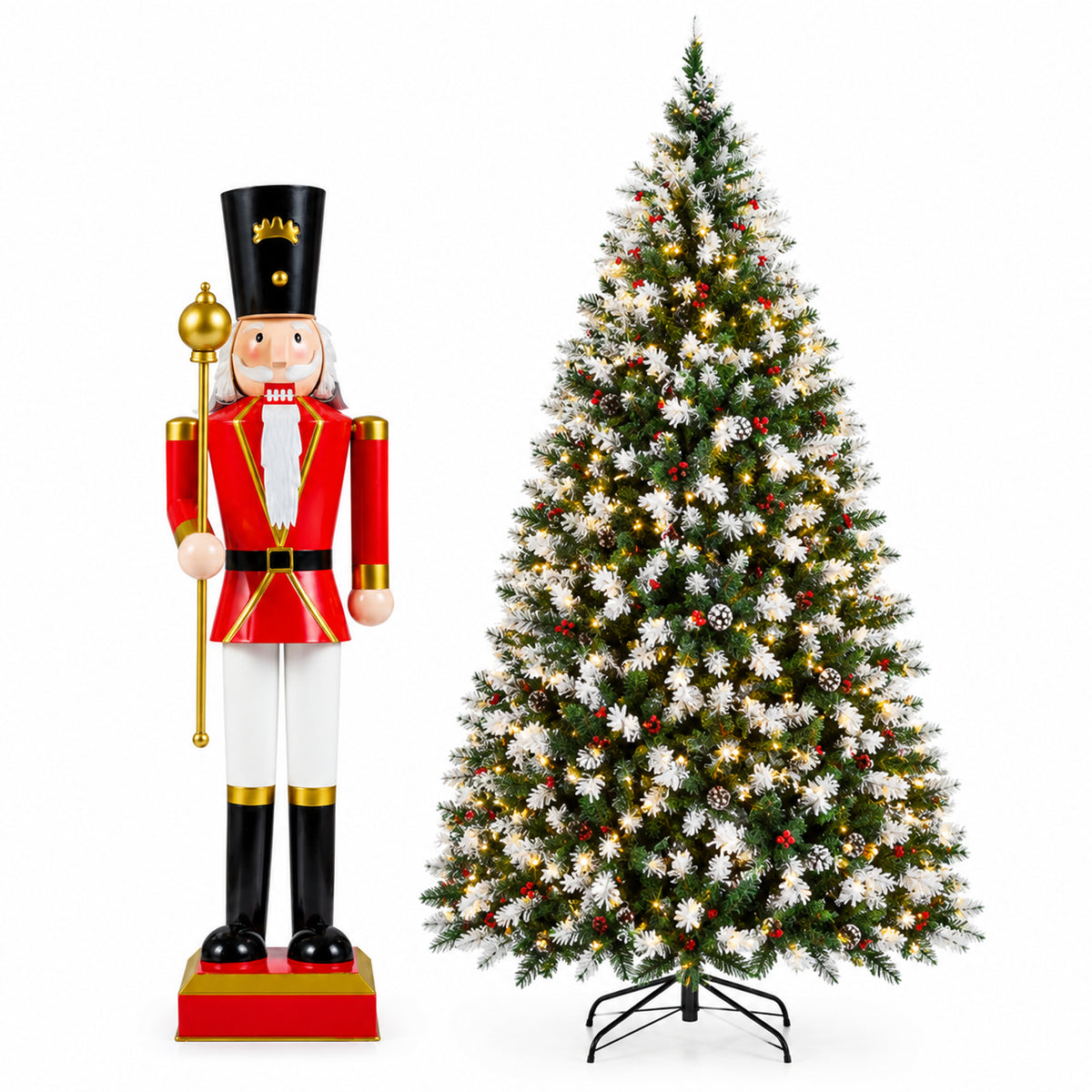7.5 FT Pre-lit Snow Flocked Christmas Tree and Christmas Nutcracker