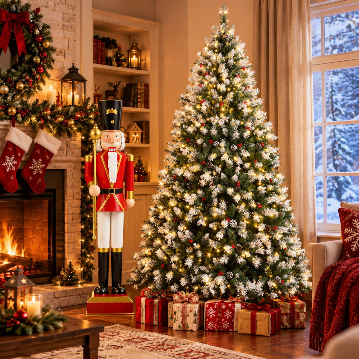 7.5 FT Pre-lit Snow Flocked Christmas Tree and Christmas Nutcracker