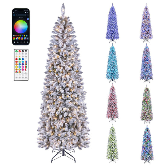 7.5 ft pre-lit snow-flocked Christmas tree with RGB lights, holiday decor from Wilsons Home Store, festive winter centerpiece
