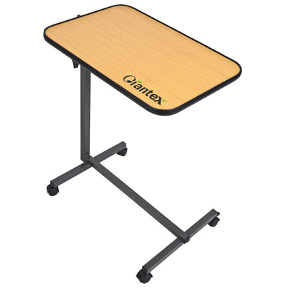 Beige overbed rolling table with food tray, metal frame and wheels, suitable for living room use by Wilsons Home Store.