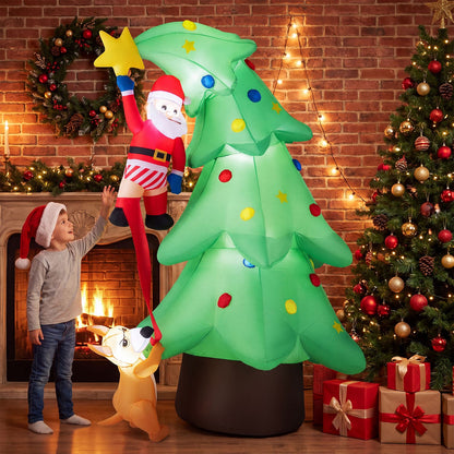 7.6 FT Inflatable Christmas Tree Outdoor Decoration with a Dog Chasing Santa Claus