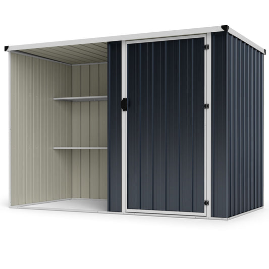 Gray 7.6 x 4 ft outdoor metal storage shed with lockable door, ideal for outdoor storage and garage organization.