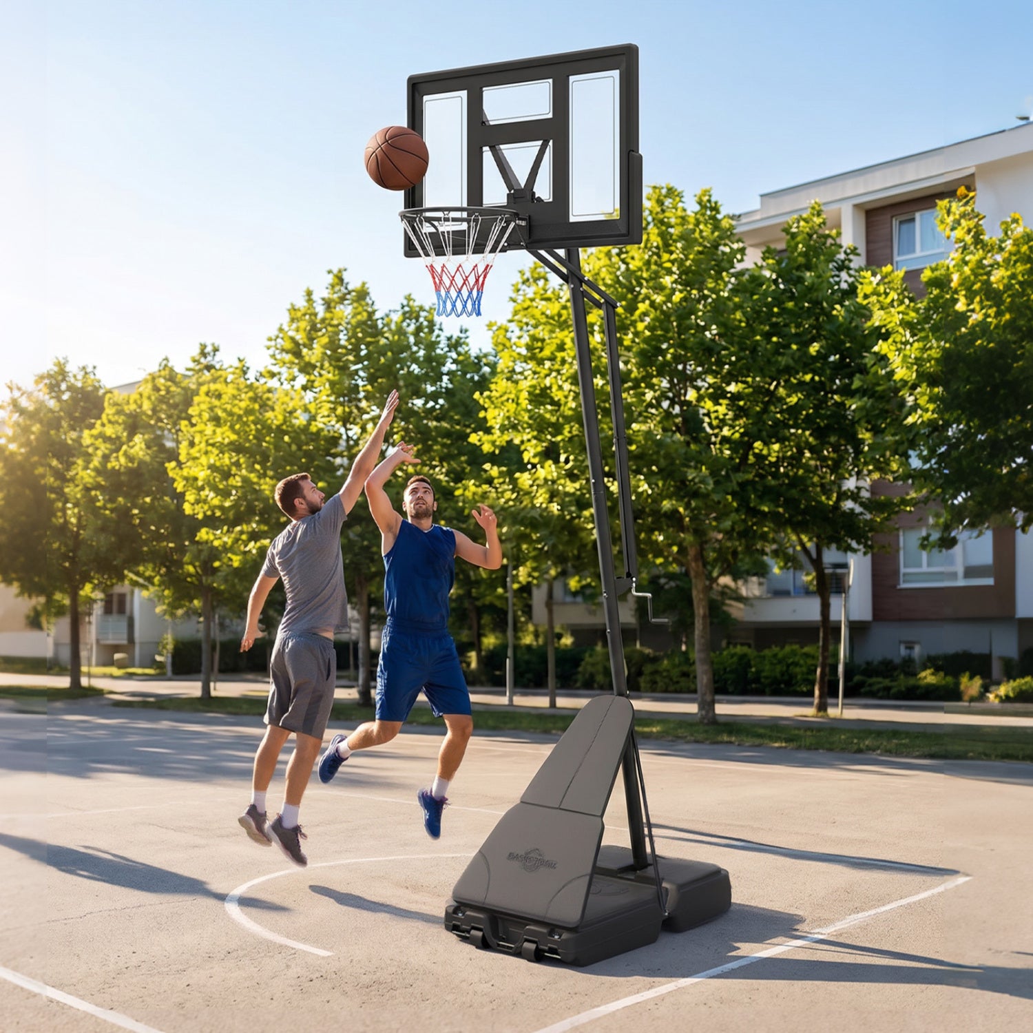 Adjustable basketball goal system from Wilsons Home Store, height range 7.7 to 10 feet, with tool-free setup and durable sports equipment.