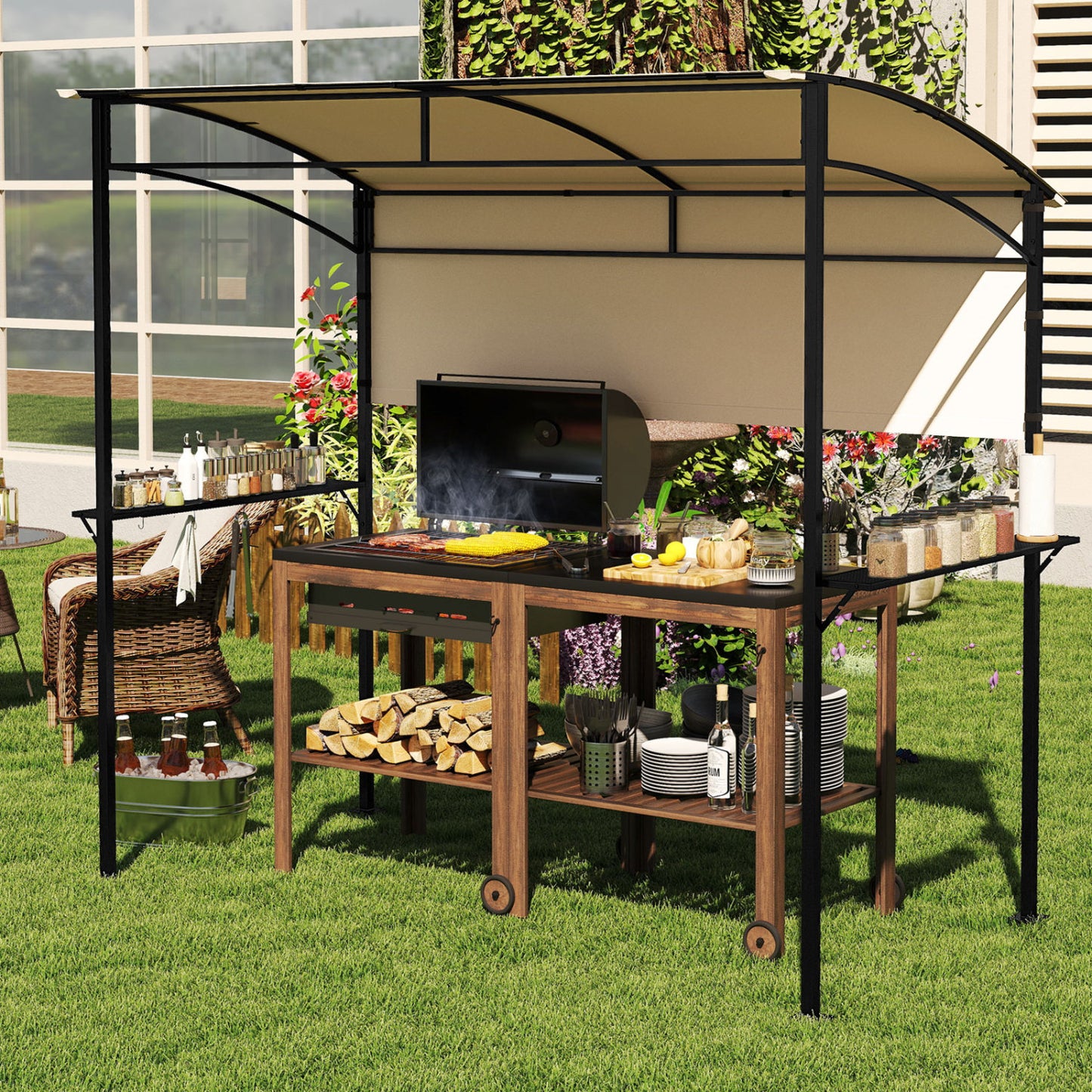 7.8 x 4.4 FT Outdoor Patio BBQ Canopy with Metal Shelves and Bottle Openers-Beige