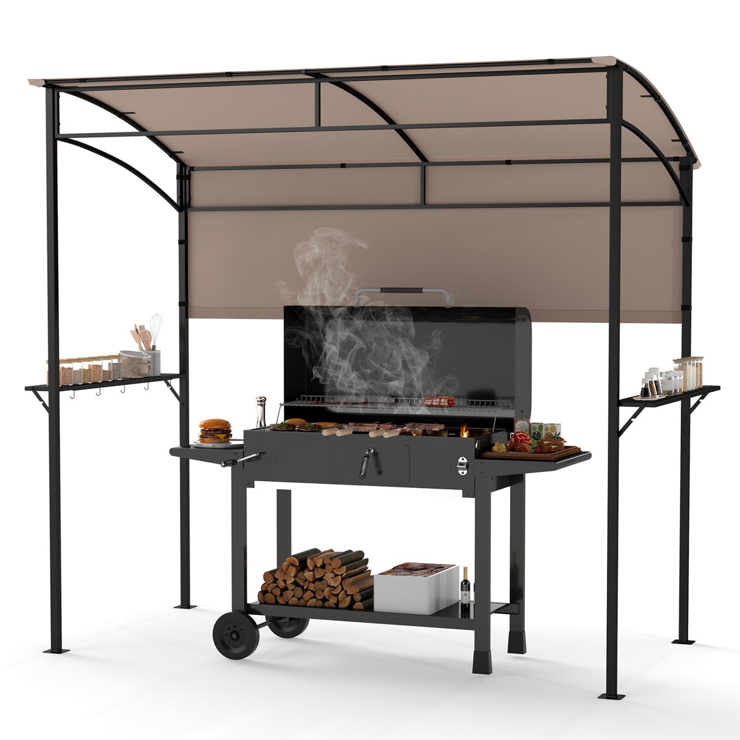7.8 x 4.4 FT Outdoor Patio BBQ Canopy with Metal Shelves and Bottle Openers-Beige