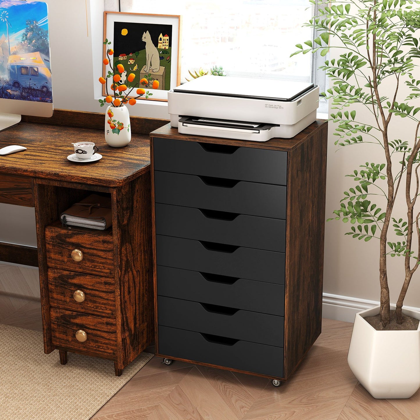 7-Drawer Chest Wooden Storage Dresser with Lockable Wheels-Black