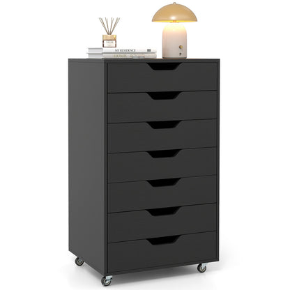 7-Drawer Chest Wooden Storage Dresser with Lockable Wheels-Black