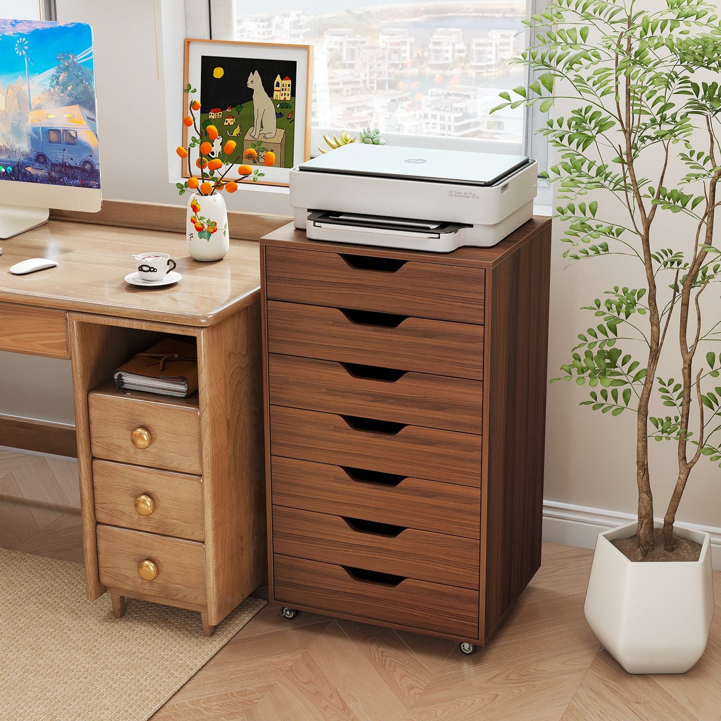 7-Drawer Chest Wooden Storage Dresser with Lockable Wheels-Black