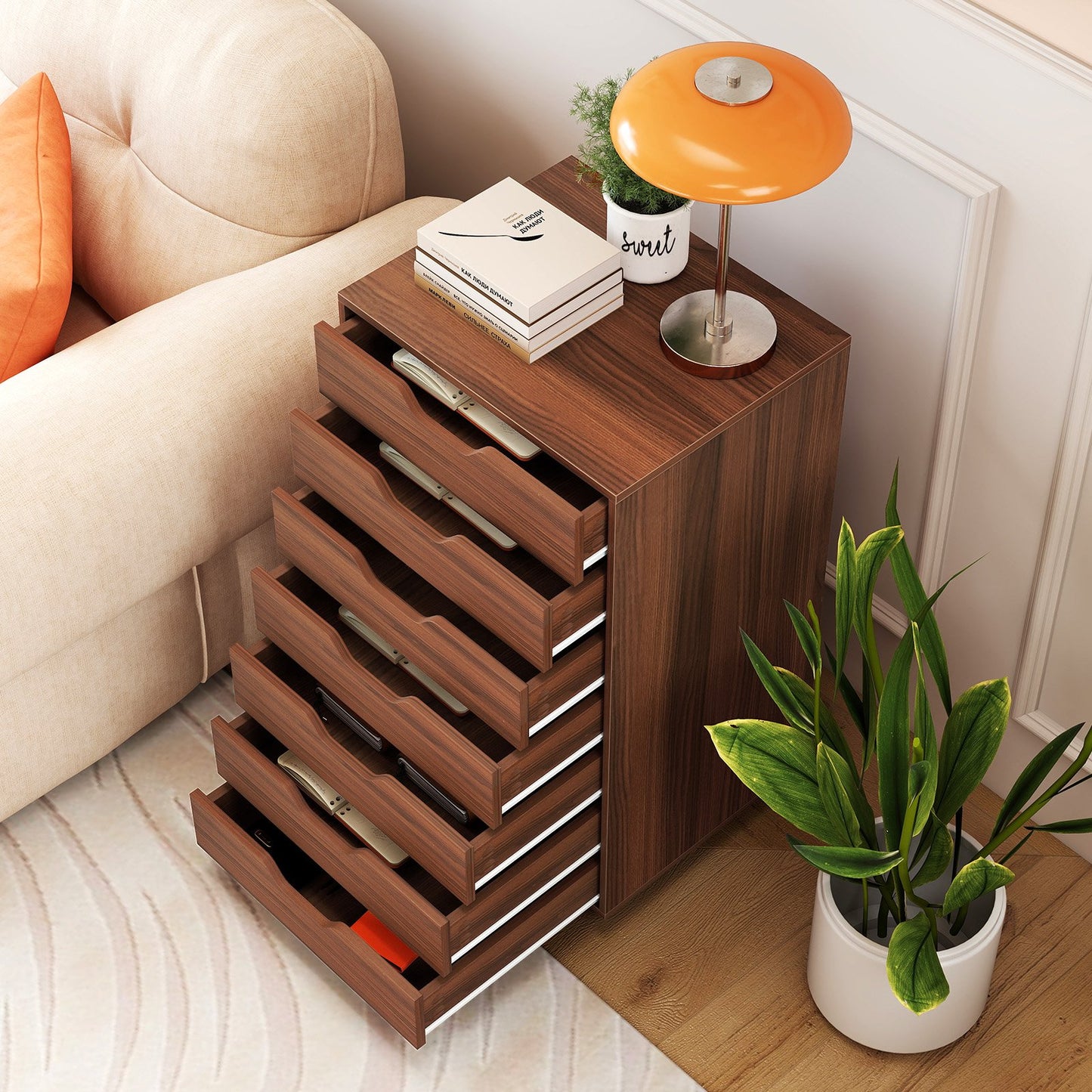 7-Drawer Chest Wooden Storage Dresser with Lockable Wheels-Black