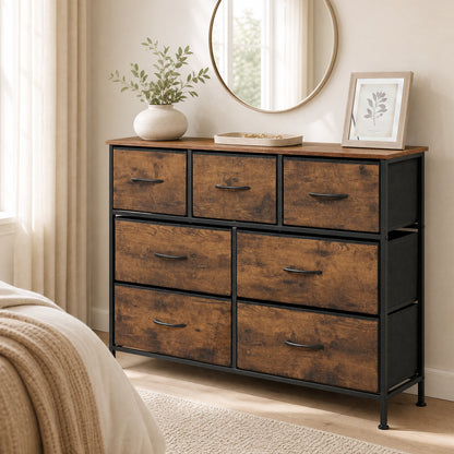 7-Drawer Wide Dresser with 2-Sized Folding Fabric Drawers for Bedroom-Black
