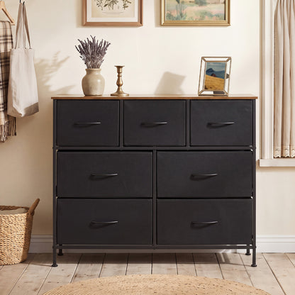 7-Drawer Wide Dresser with 2-Sized Folding Fabric Drawers for Bedroom-Black