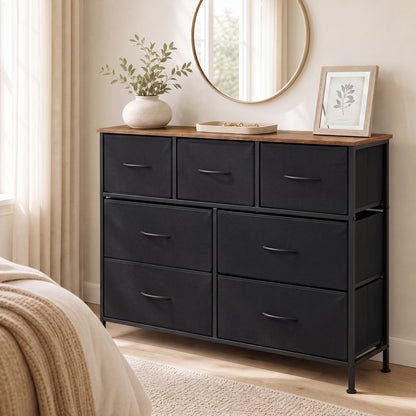 7-Drawer Wide Dresser with 2-Sized Folding Fabric Drawers for Bedroom-Black