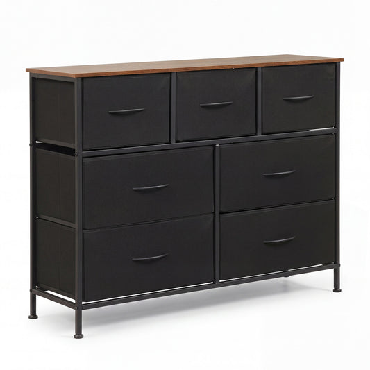 Black 7-drawer wide dresser with two-sized fabric drawers, ideal for bedroom storage and organization.